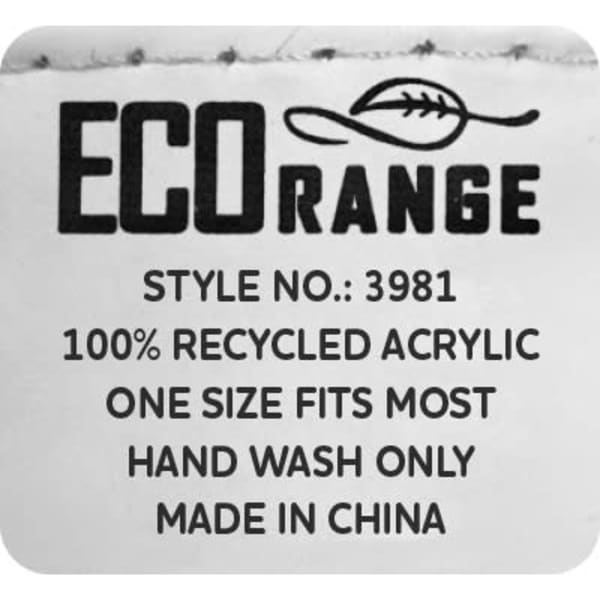 A label featuring details about a cap, including its eco-friendly material, size, and care instructions, primarily in black and white.