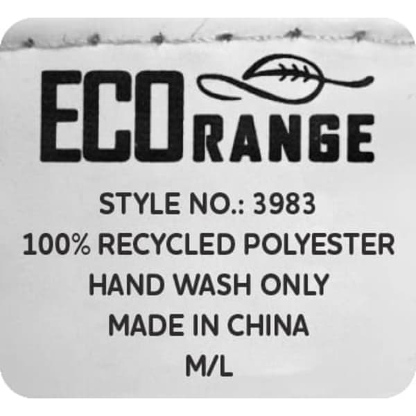 A white label displaying care instructions for a recycled polyester product with an eco-friendly branding logo.