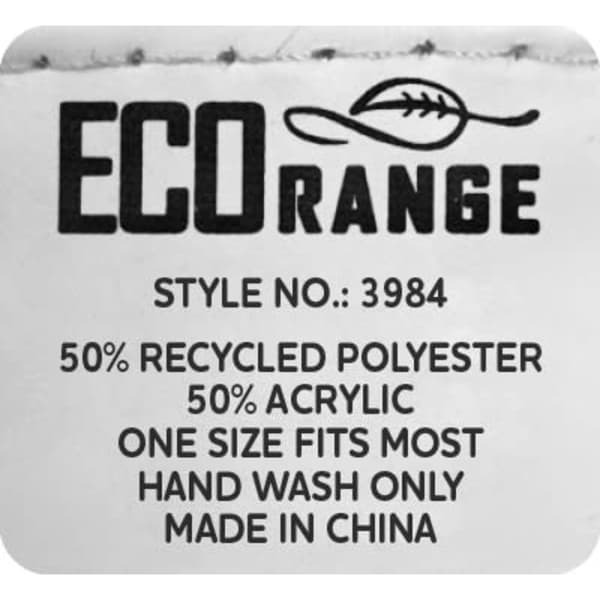 A label detailing the "Eco Range" beanie's materials, size, care instructions, and origin, featuring a logo.