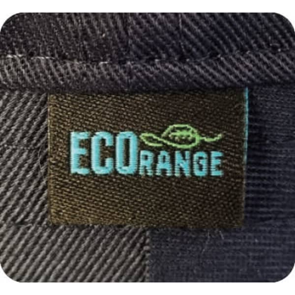 A black fabric tag featuring the words "ECO RANGE" in blue, with a small hat icon above the text.