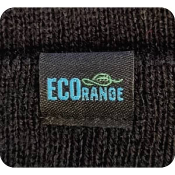 A close-up of a black fabric label featuring the words "ECO" and "RANGE" in blue and green, with a logo.