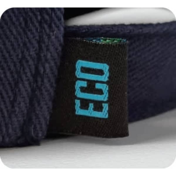 A navy cap with a tag featuring the word "ECO". The material appears heavy and made of cotton.
