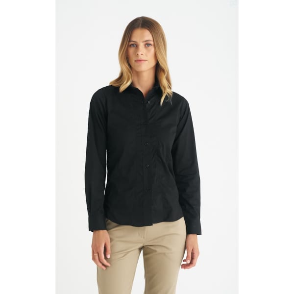 A black long sleeve button-up shirt for women, featuring a collared design and a branded logo.