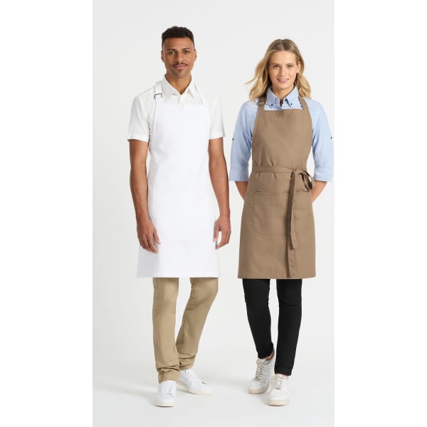 A white apron worn by a man and a khaki apron worn by a woman, both paired with casual shirts and pants.