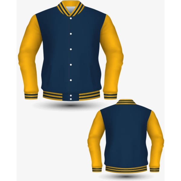 A custom varsity jacket featuring a navy blue body and yellow sleeves, with a ribbed collar and waistband.
