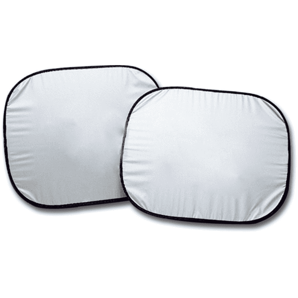 A pair of rectangular car sunshades in white with black trim, designed to block sunlight through side windows.