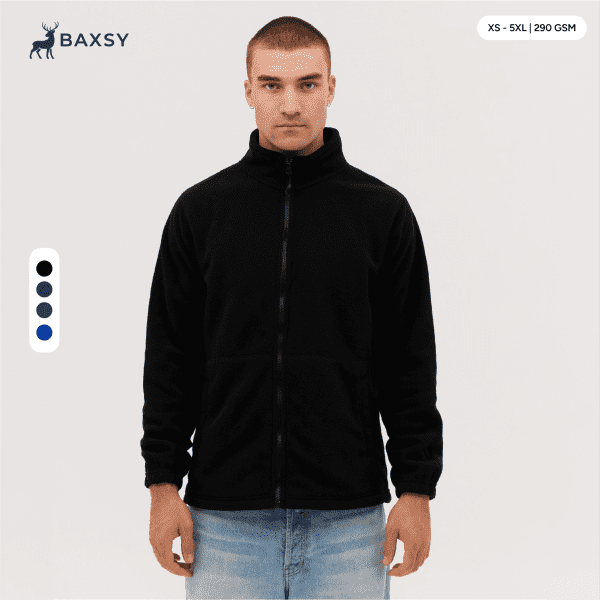 A full zip polar fleece jacket in black, featuring a collar and a relaxed fit, displayed on a model.