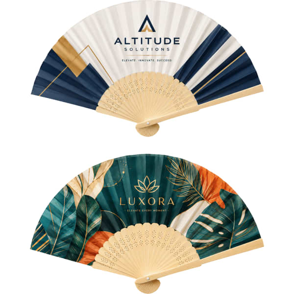 A Bamboo Hand Fan featuring natural bamboo ribbing and a light, neutral fabric. It has a simple design with a logo.