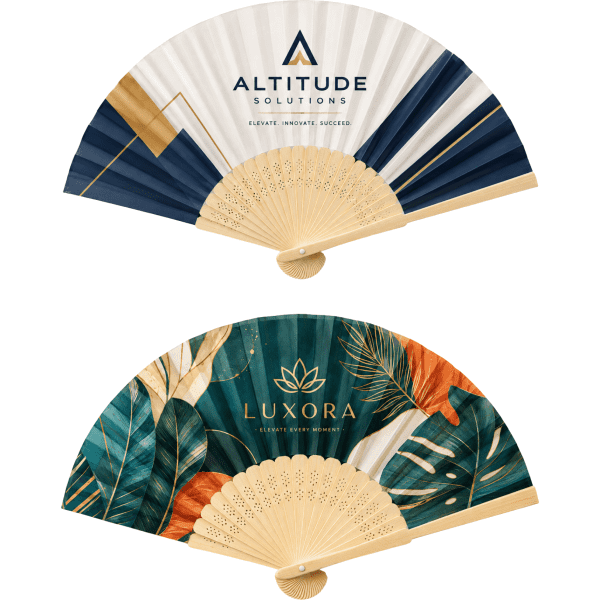 A bamboo hand fan featuring a logo, one side with a geometric design and the other with tropical foliage.