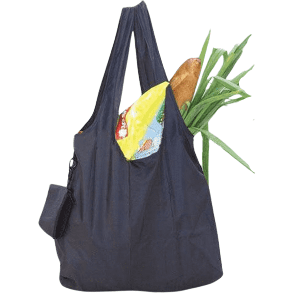 A navy reusable grocery bag with long handles, filled with a loaf of bread and green onions. It has a logo.
