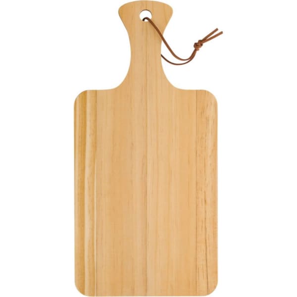 A pinewood cutting board with a natural finish and a looped leather tie.