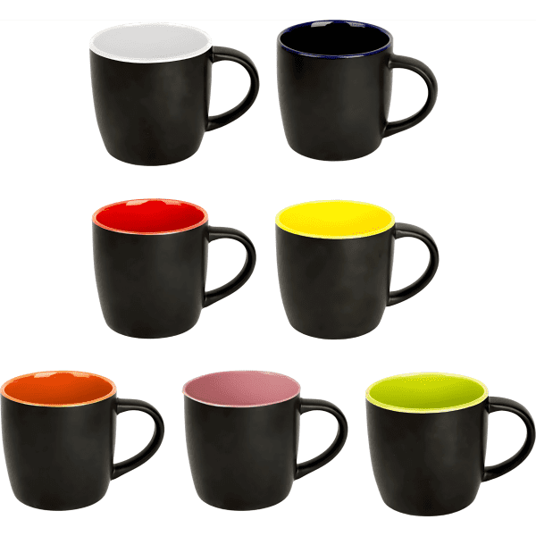 A set of black coffee mugs with coloured interiors in orange, red, yellow, pink, and green; featuring a logo.