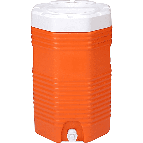 An orange water dispenser cooler box with a white lid and a tap at the bottom, featuring a logo.