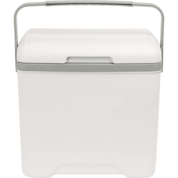 A portable 13L cooler box in white with a grey handle, featuring a simple design and sturdy construction.