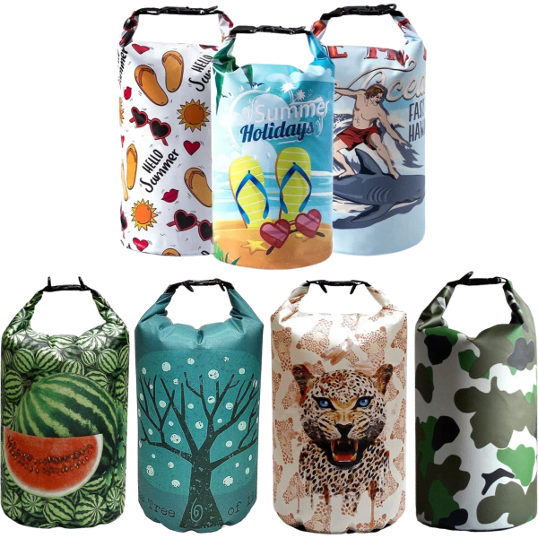 A collection of five brightly coloured 5L sublimated waterproof dry bags featuring various artistic designs and a logo.