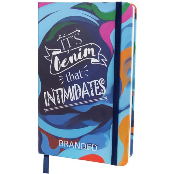 A5 full colour hard cover notebook featuring a vibrant swirl design and an elastic closure. Includes branding.