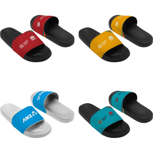 A set of PU sublimated slides, featuring black, yellow, and blue colour options with various branding elements.