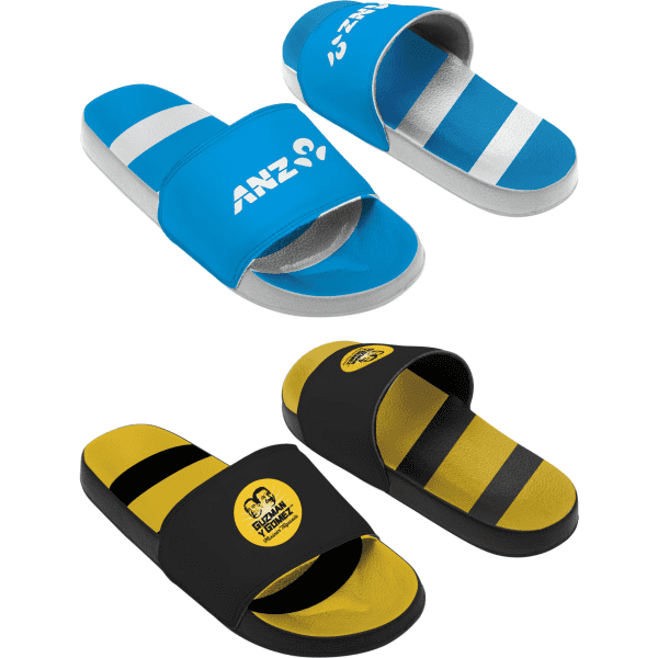 A pair of blue and white slides alongside a pair of black and yellow slides, both featuring logos.