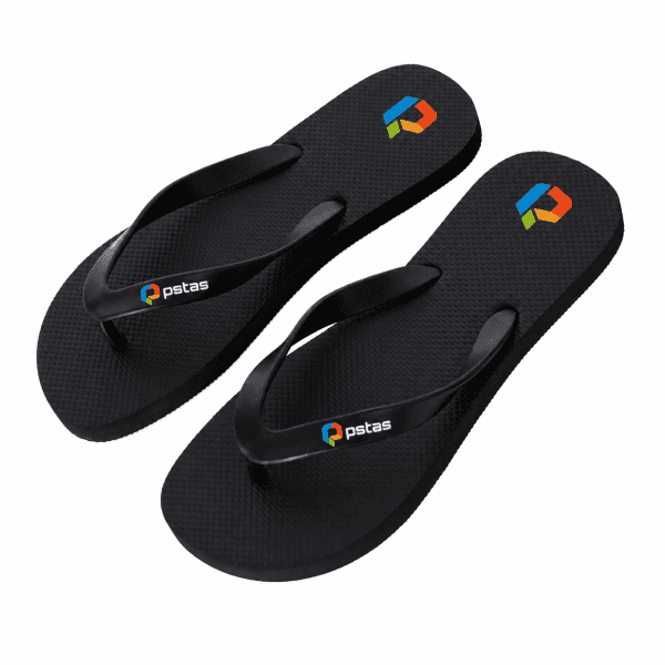 Black rubber thongs with textured soles and a logo on each strap.