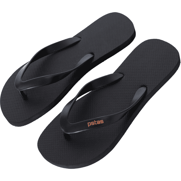 A pair of black rubber thongs with a textured sole and a logo on the strap.
