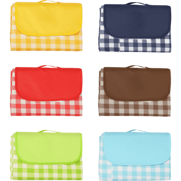 A collection of picnic blankets in various colours: yellow, navy, red, brown, green, and light blue, each with a checkered pattern.