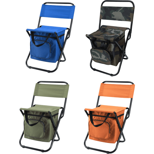 Four foldable camping chairs are displayed: blue, camouflage, green, and orange, each with a cooler bag attached.