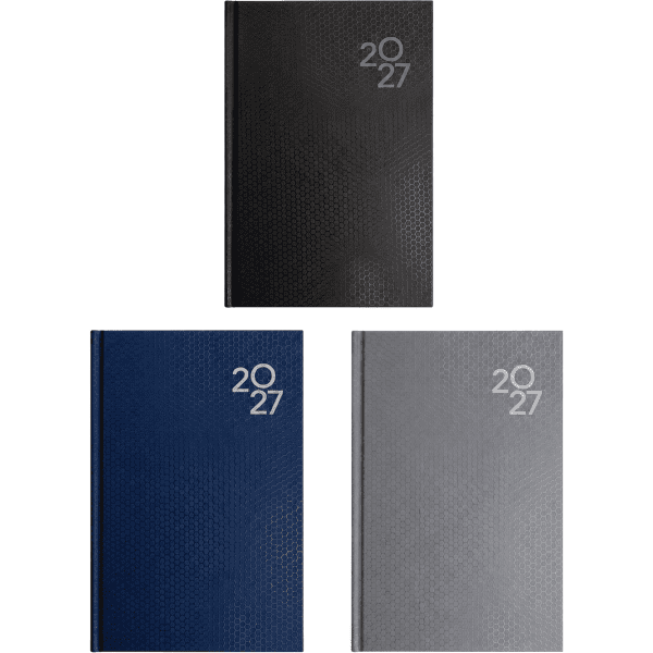 A Penguin A5 Day to Day Diary collection featuring black, navy, and grey options, each with a logo.