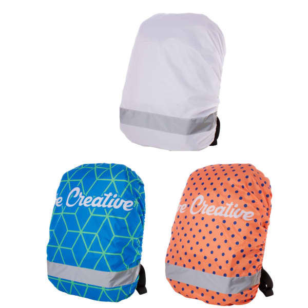 AERO Custom Reflective RPET Backpack Covers in white, blue geometric, and orange polka dot designs with reflective accents.