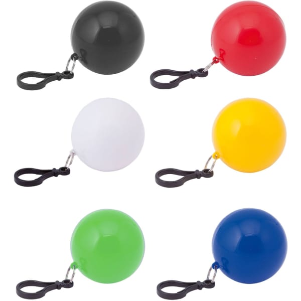 A set of six keyrings in black, red, white, yellow, green, and blue, each shaped like a ball with a strap.