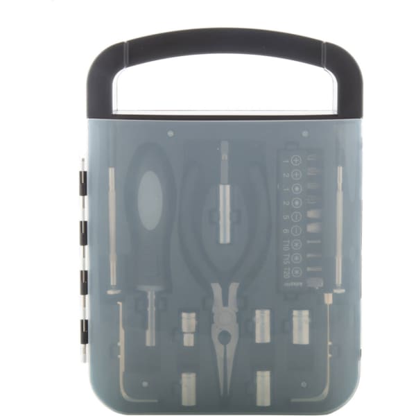 A 22-piece tool set in a grey carry case, featuring various tools including pliers and sockets. It has a handle and branding.