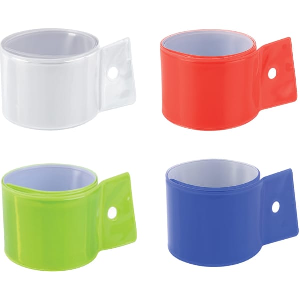 A collection of four wristbands in white, red, green, and blue, with a cut-out design and a hole for fastening.
