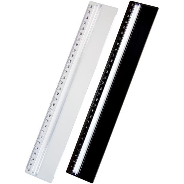A 30cm plastic ruler set in clear and black, featuring a magnifying viewer and measurement markings.