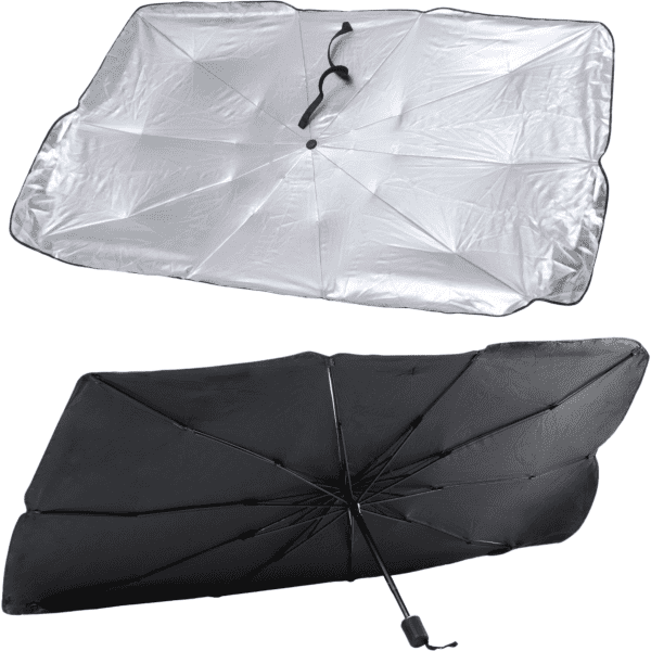 An umbrella sunshade featuring a silver side and a black underside, showcasing a collapsible design and sturdy structure.