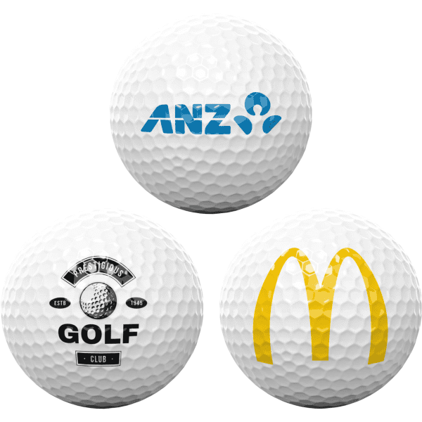 A set of three golf balls, predominantly white, featuring logos in blue and yellow.