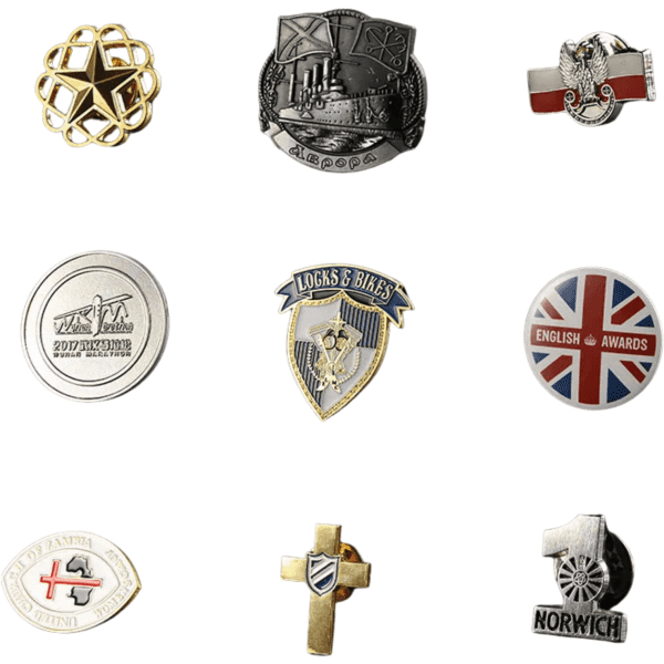 A collection of custom enamel lapel pins in gold, silver, and various colours, featuring different designs and logos.