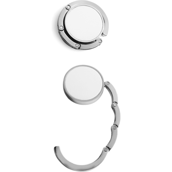 A silver bag hanger with a circular design, featuring a logo and a hinge for easy attachment.