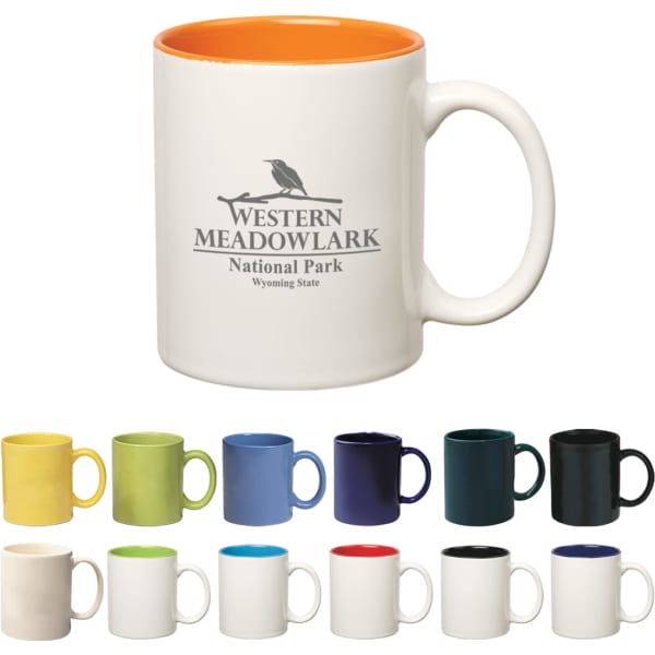 A coloured stoneware mug with a C-handle, featuring various colour options including orange, yellow, green, and blue, with a logo.