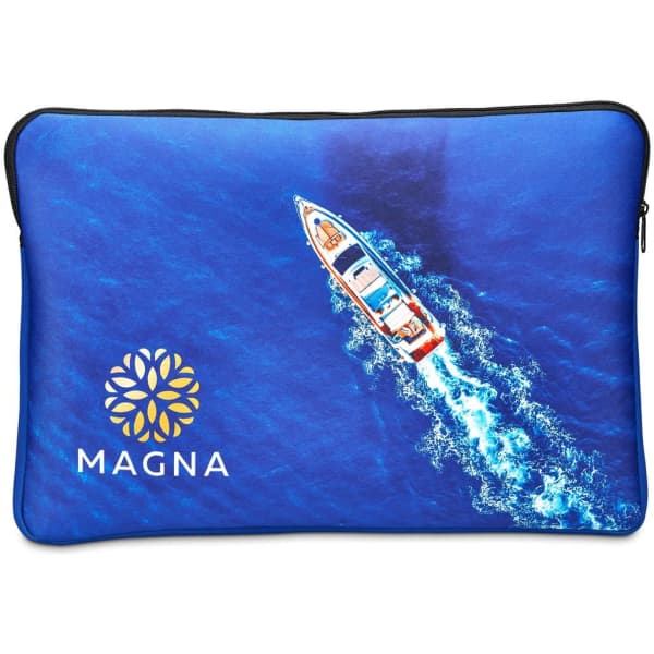 A premium neoprene laptop sleeve featuring a vibrant blue design with an image of a boat and a logo.