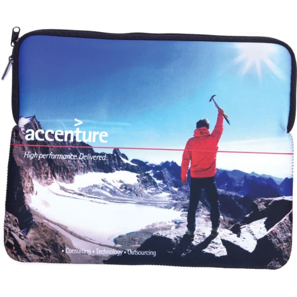 A neoprene laptop sleeve featuring a mountain landscape and a person in a red jacket, with a branded logo.