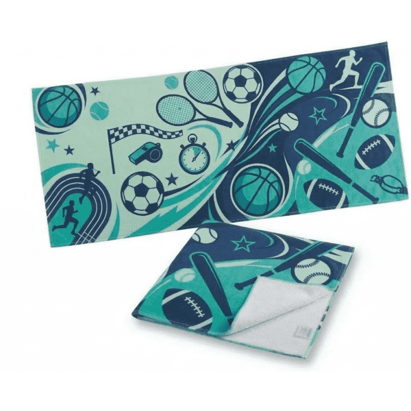 A sports-themed towel featuring a mix of blue and teal colours with various sporting icons and a logo. Measuring 85 x 40 cm.