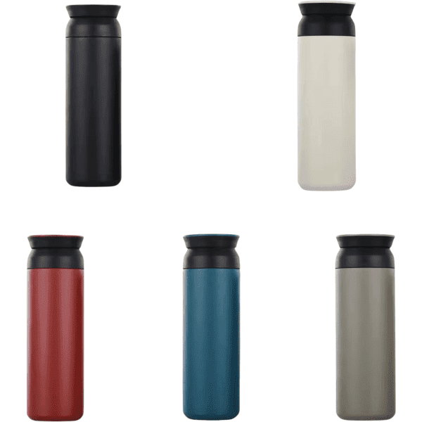 A drink bottle in black, cream, red, teal, and green, featuring sleek designs and black lids. It has a logo.