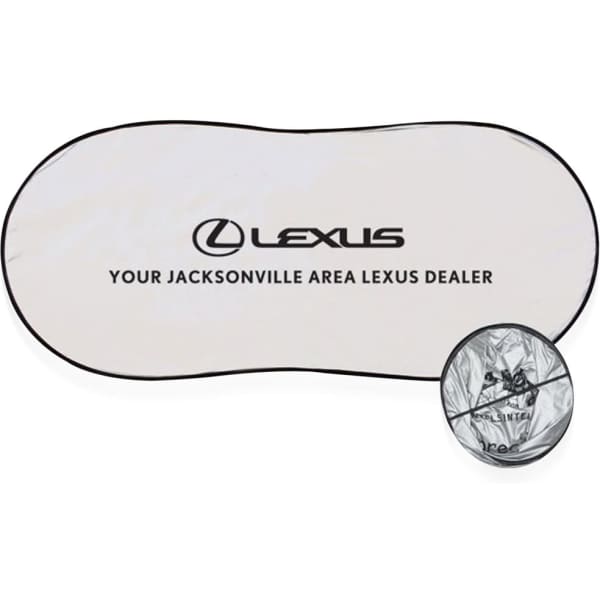 A folding car sunshade in white with a black trim, featuring a logo and compact design for easy storage.