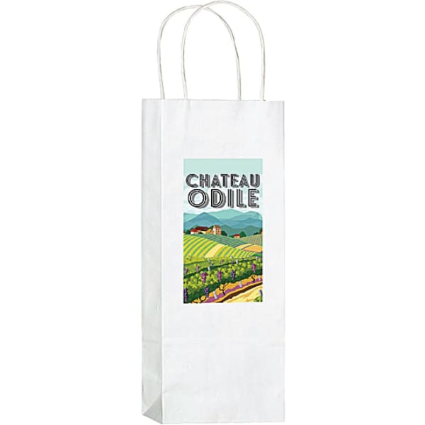 A drink bottle is housed in a white kraft paper wine tote with handles and a logo on the front.