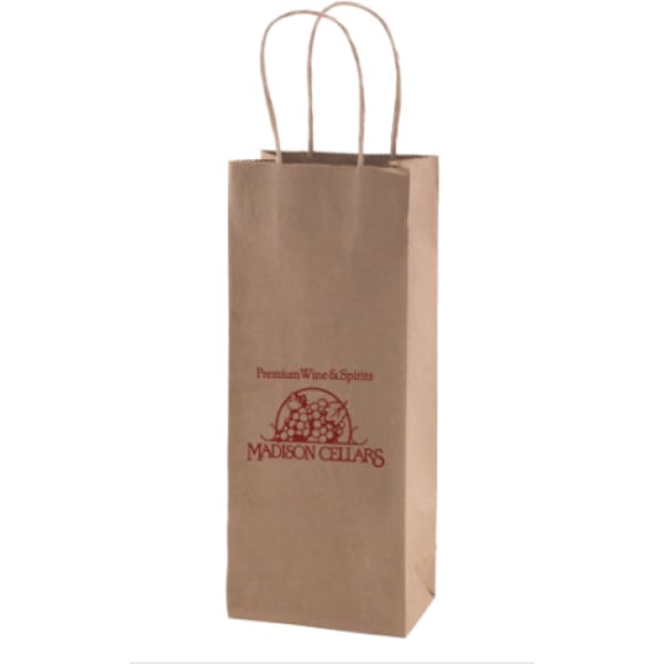 A natural kraft shopping bag with handles, featuring a logo in red, suitable for various items.