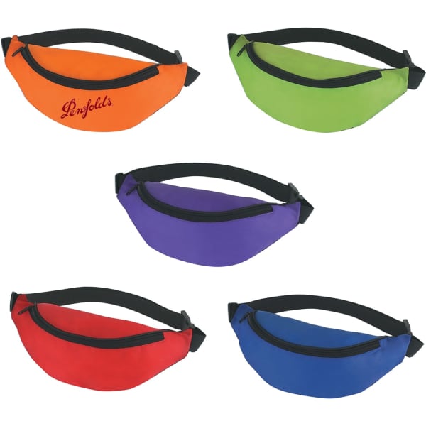 Five bum bags in orange, green, purple, red, and blue, all featuring zippers and an adjustable strap.