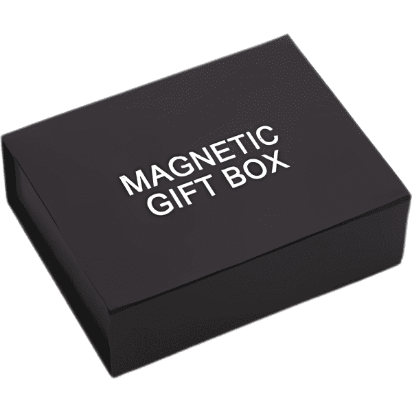 A black magnetic gift box with a simple, elegant design. The box features a logo on its surface.
