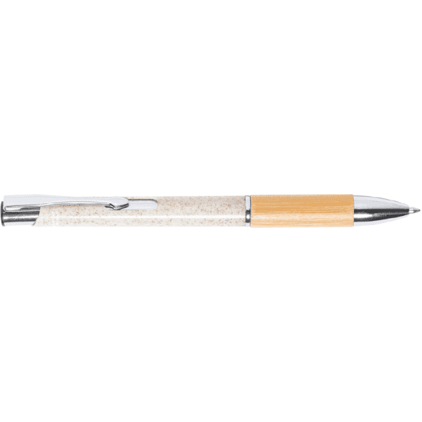 A bamboo grip pen with a wheat straw body and chrome accents, featuring a wooden barrel.