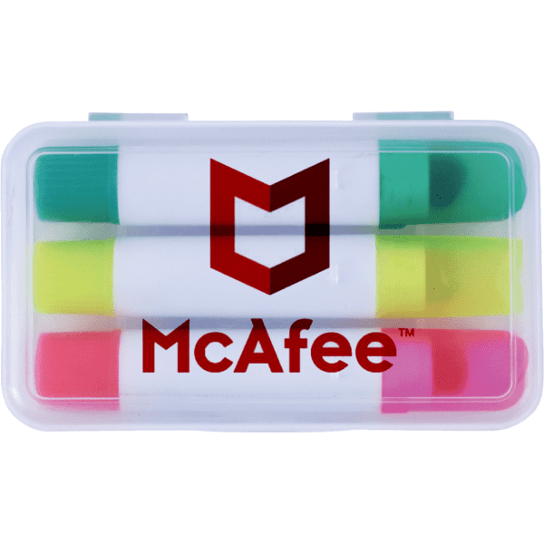 A plastic case containing three wax highlighters in green, yellow, and pink, with branding on the lid.