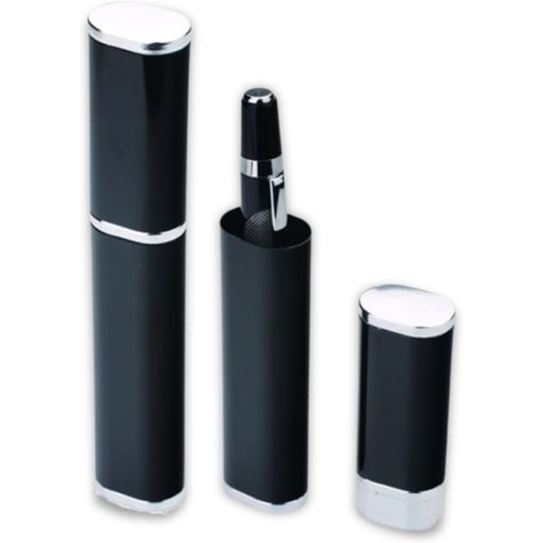 A black aluminium pen box set featuring three pieces, including a pen, with silver accents.