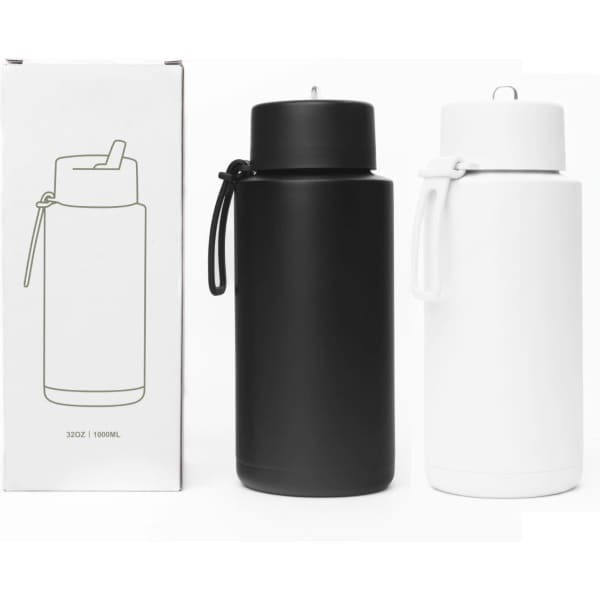 A drink bottle set featuring a black and a white 1L stainless steel bottle with silicone handles, packaged in a box.